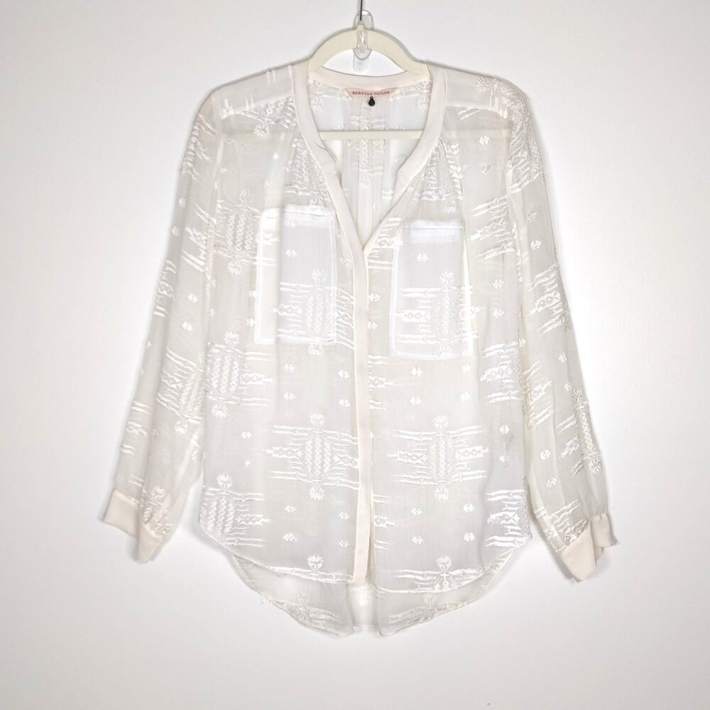 Rebecca Taylor Silk Embroidered Sheer Ivory Blouse 6 Quiet Luxury Boho